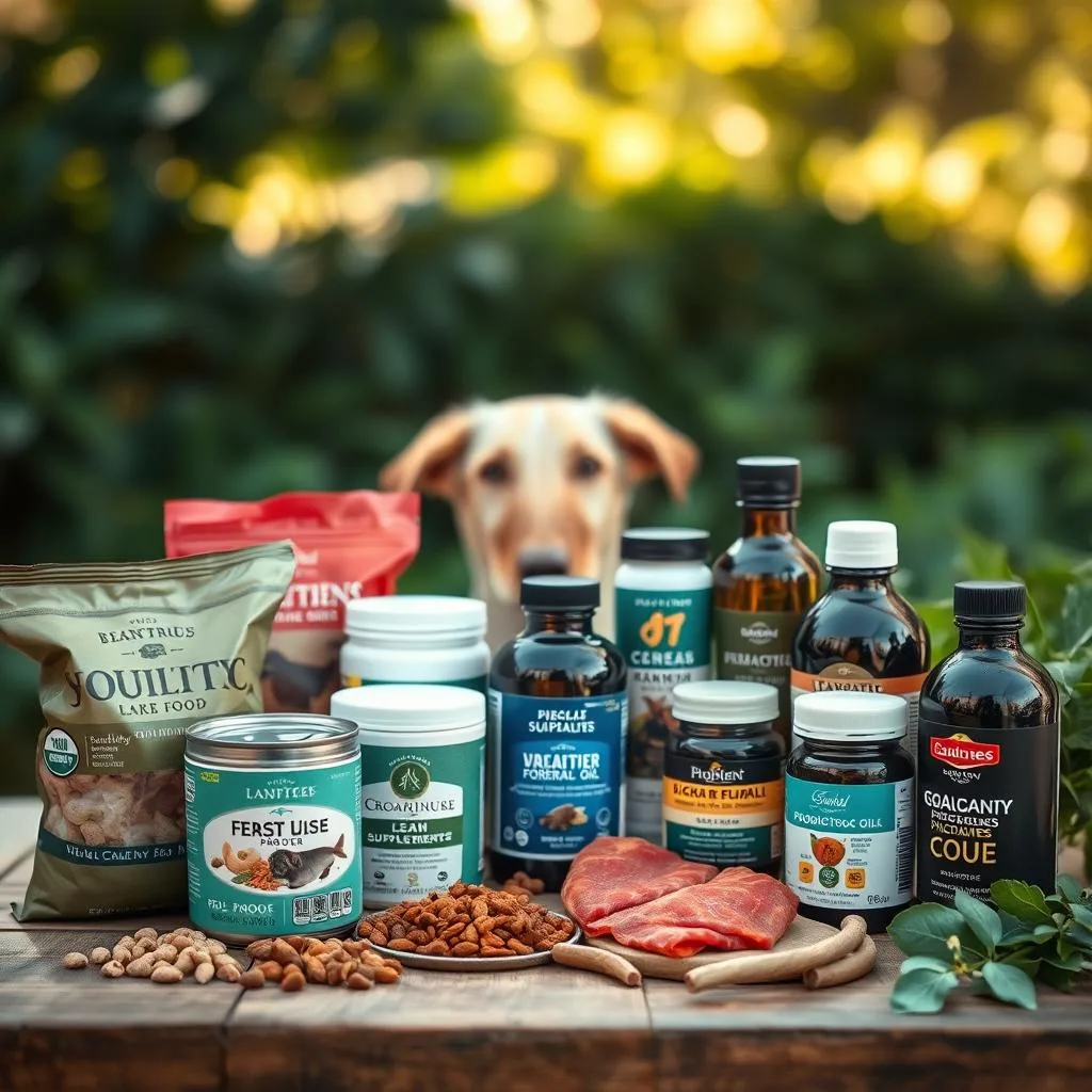A close-up shot of a variety of healthy dog food and supplements arranged on a wooden table. In the foreground, a selection of kibble, canned wet food, and high-quality protein sources like lean meat and fish. In the middle ground, various vitamin and mineral supplements, probiotics, and omega-3 rich oils. The background features a lush, natural setting with soft, diffused lighting, conveying a sense of nourishment and wellness. The overall mood is calming, inviting, and focused on supporting a dog's optimal health and nutrition. A close-up shot of a variety of healthy dog food and supplements arranged on a wooden table. In the foreground, a selection of kibble, canned wet food, and high-quality protein sources like lean meat and fish. In the middle ground, various vitamin and mineral supplements, probiotics, and omega-3 rich oils. The background features a lush, natural setting with soft, diffused lighting, conveying a sense of nourishment and wellness. The overall mood is calming, inviting, and focused on supporting a dog's optimal health and nutrition.