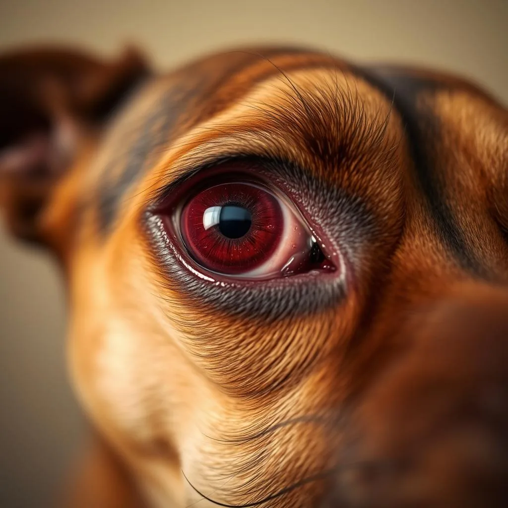 A close-up view of a dog's eye, the sclera reddened and irritated, indicating a mild eye infection. The eyelid is slightly swollen, with a slightly glistening, moist appearance. The iris is visible, with a hint of discomfort in the canine's expression. The lighting is soft and diffused, creating a warm, soothing atmosphere. The background is blurred, with a subtle gradient of neutral tones, keeping the focus on the dog's eye. The composition is tightly framed, emphasizing the detail and providing a clear, unobstructed view of the affected eye. A close-up view of a dog's eye, the sclera reddened and irritated, indicating a mild eye infection. The eyelid is slightly swollen, with a slightly glistening, moist appearance. The iris is visible, with a hint of discomfort in the canine's expression. The lighting is soft and diffused, creating a warm, soothing atmosphere. The background is blurred, with a subtle gradient of neutral tones, keeping the focus on the dog's eye. The composition is tightly framed, emphasizing the detail and providing a clear, unobstructed view of the affected eye.
