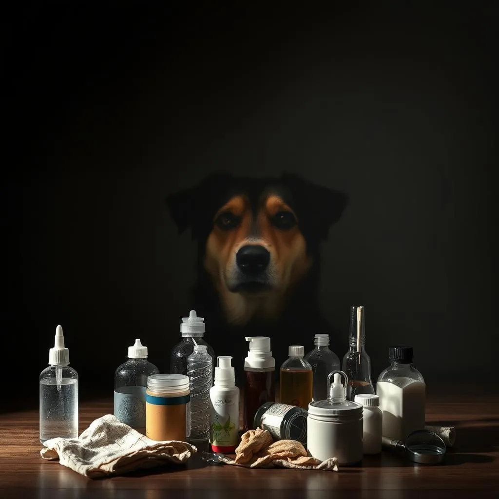 A dimly lit room, shadows cast across the walls, creating an ominous atmosphere. In the foreground, a collection of common household items arranged in a striking display - a bottle of eye drops, a damp cloth, and various other seemingly innocuous objects. The middle ground features a hazy, dreamlike rendering of a dog's face, its expression a mix of curiosity and caution. In the background, a swirling vortex of distorted shapes and colors, hinting at the potential dangers of misinformation. Dramatic chiaroscuro lighting and a moody, subdued color palette evoke a sense of uncertainty and the need to navigate the myths and misconceptions that surround home remedies for canine eye issues. A dimly lit room, shadows cast across the walls, creating an ominous atmosphere. In the foreground, a collection of common household items arranged in a striking display - a bottle of eye drops, a damp cloth, and various other seemingly innocuous objects. The middle ground features a hazy, dreamlike rendering of a dog's face, its expression a mix of curiosity and caution. In the background, a swirling vortex of distorted shapes and colors, hinting at the potential dangers of misinformation. Dramatic chiaroscuro lighting and a moody, subdued color palette evoke a sense of uncertainty and the need to navigate the myths and misconceptions that surround home remedies for canine eye issues.