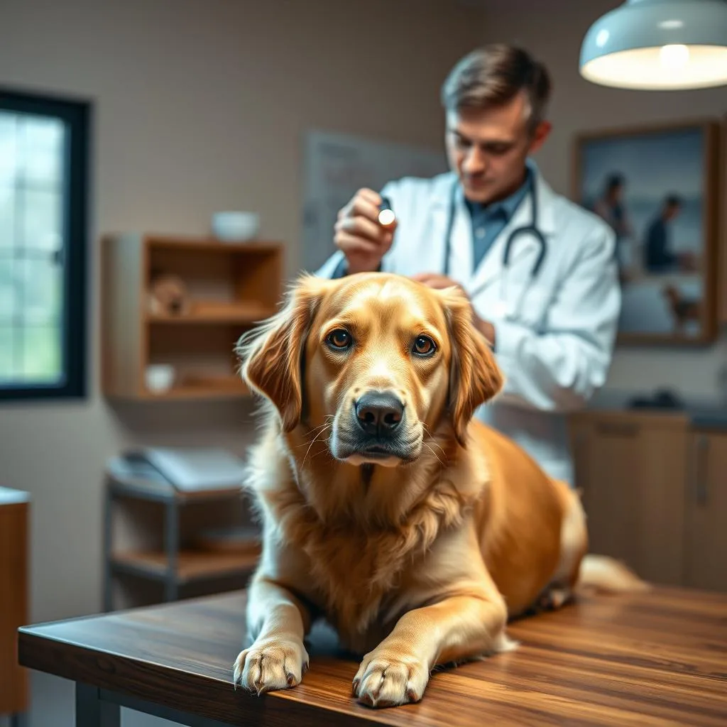 A dimly lit veterinary clinic interior, with a wooden examination table in the foreground. On the table, a friendly golden retriever sits patiently, its eyes slightly reddened, conveying a sense of discomfort. In the middle ground, a veterinarian in a white coat examines the dog's eyes, using a small penlight to inspect the condition. The background is blurred, suggesting a sense of focus on the veterinary interaction. Soft, warm lighting creates a comforting atmosphere, hinting at the expert care the dog is receiving. The scene evokes a moment of professional medical attention, where the veterinarian's expertise will guide the treatment of the dog's pink eye. A dimly lit veterinary clinic interior, with a wooden examination table in the foreground. On the table, a friendly golden retriever sits patiently, its eyes slightly reddened, conveying a sense of discomfort. In the middle ground, a veterinarian in a white coat examines the dog's eyes, using a small penlight to inspect the condition. The background is blurred, suggesting a sense of focus on the veterinary interaction. Soft, warm lighting creates a comforting atmosphere, hinting at the expert care the dog is receiving. The scene evokes a moment of professional medical attention, where the veterinarian's expertise will guide the treatment of the dog's pink eye.
