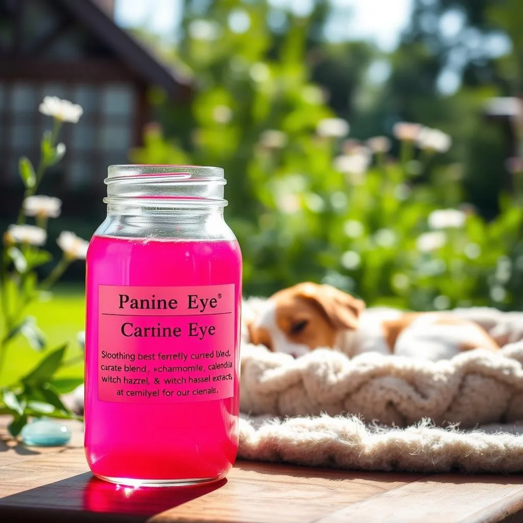 A soothing herbal remedy for canine pink eye, set against a tranquil natural backdrop. In the foreground, a glass jar filled with a vibrant pink liquid, containing a carefully curated blend of chamomile, calendula, and witch hazel extracts. Soft natural lighting casts a warm glow, highlighting the jar's delicate details. In the middle ground, a soft, plush dog bed, inviting the viewer to imagine a furry companion resting comfortably while the remedy takes effect. The background features a serene, verdant garden, with lush foliage and delicate flowers, conveying a sense of peace and healing. The overall atmosphere is one of natural, holistic care for the well-being of our canine companions. A soothing herbal remedy for canine pink eye, set against a tranquil natural backdrop. In the foreground, a glass jar filled with a vibrant pink liquid, containing a carefully curated blend of chamomile, calendula, and witch hazel extracts. Soft natural lighting casts a warm glow, highlighting the jar's delicate details. In the middle ground, a soft, plush dog bed, inviting the viewer to imagine a furry companion resting comfortably while the remedy takes effect. The background features a serene, verdant garden, with lush foliage and delicate flowers, conveying a sense of peace and healing. The overall atmosphere is one of natural, holistic care for the well-being of our canine companions.